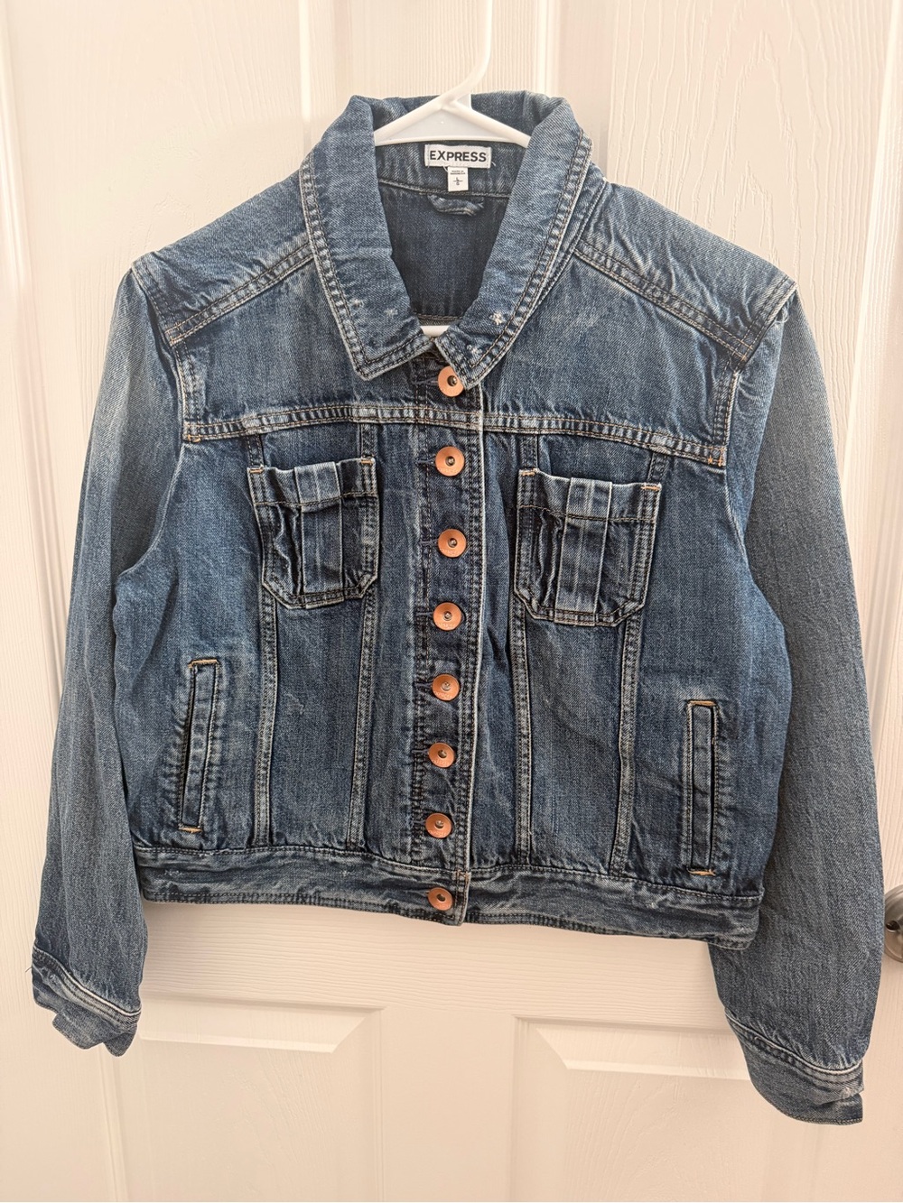 Express Vintage-Inspired Blue Jean Jacket with Copper Buttons